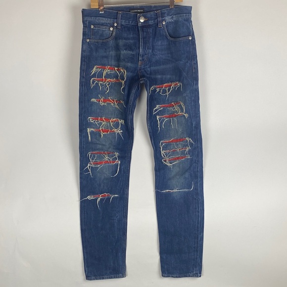Alexander McQueen Distressed Patched Selvedge Denim Jeans Men’s Size Eur 48